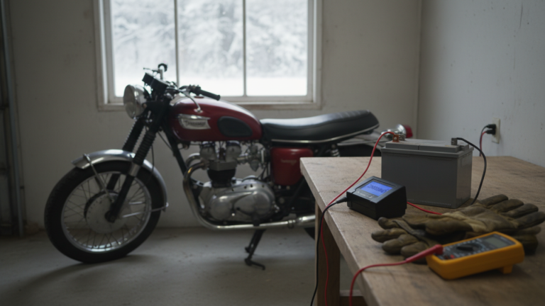 How do I maintain a motorcycle battery during winter