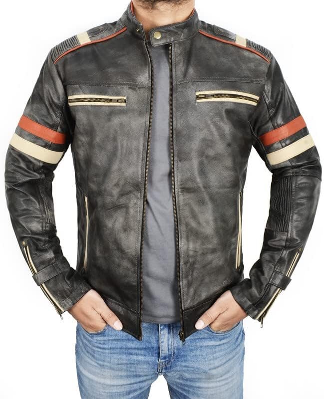 SpazeUp Harley Black Distressed Vintage Cafe Racer Leather Biker Jacke