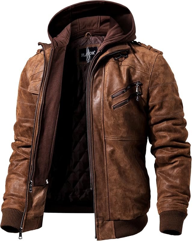 FLAVOR Men's Brown Leather Motorcycle Jacket with Removable Hood, Styl