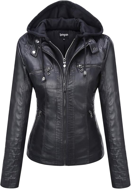 Springrain Women's Faux Leather Moto Biker Jacket with Detachable Hood