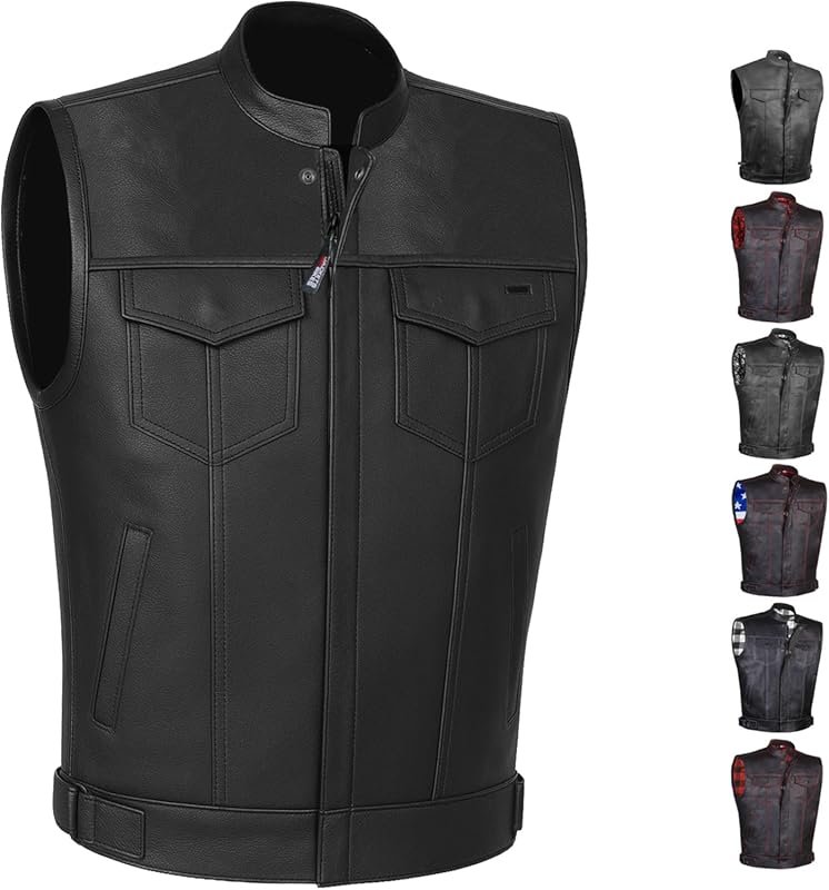SOA Men's Premium Buffalo Leather Motorcycle Vest with Back Armor, Ins