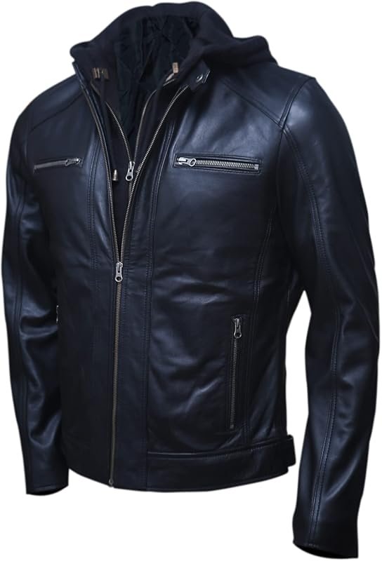 Men's Genuine Lambskin Leather Motorcycle Jacket with Removable Hood, 