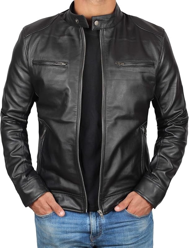 Decrum Men's Real Lambskin Leather Cafe Racer Style Jacket - Premium Q