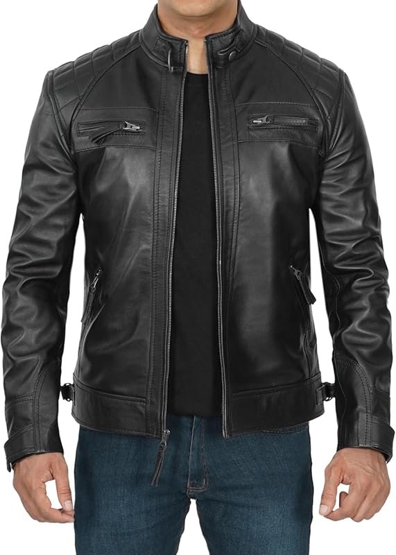 Decrum Men's Real Lambskin Leather Jacket, Cafe Racer Motorcycle Style