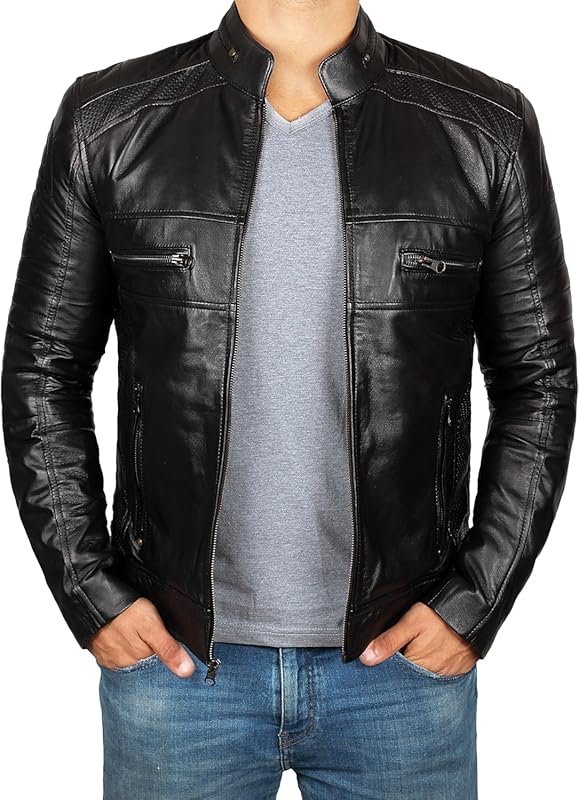 Decrum Men's Real Lambskin Leather Jacket, Cafe Racer Motorcycle Style