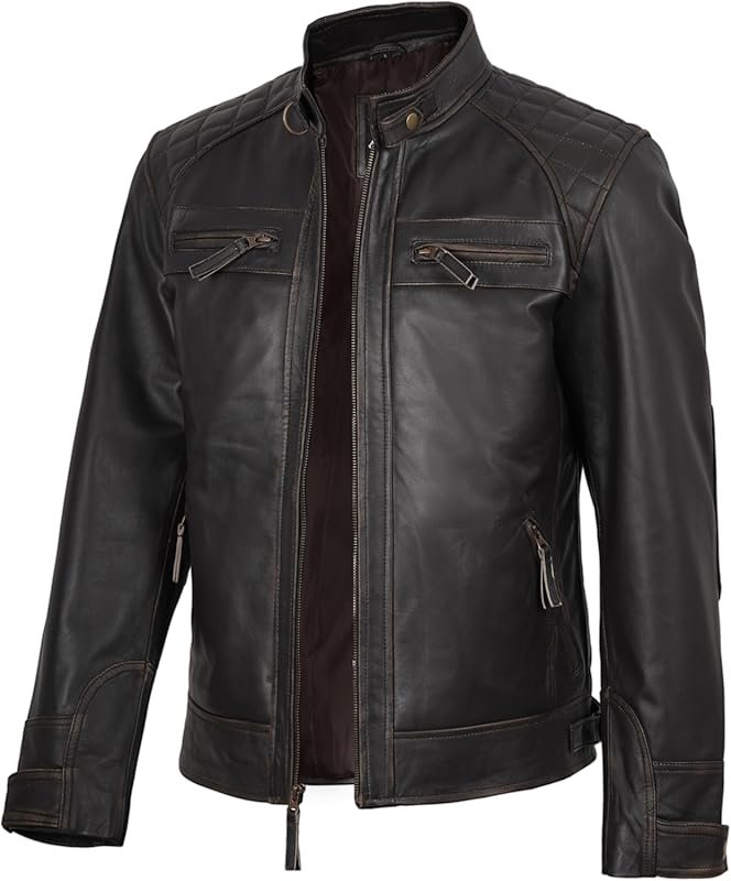 Blingsoul Men's Quilted Cafe Racer Leather Jacket - Stylish and Durabl