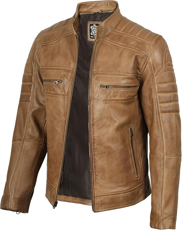 Fjackets Men's Cafe Racer Real Lambskin Natural Grain Leather Moto Sty