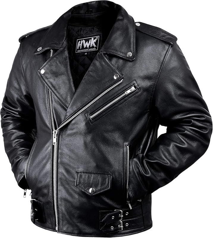 HWK Brando Genuine Black Leather Motorcycle Jacket for Men with Remova