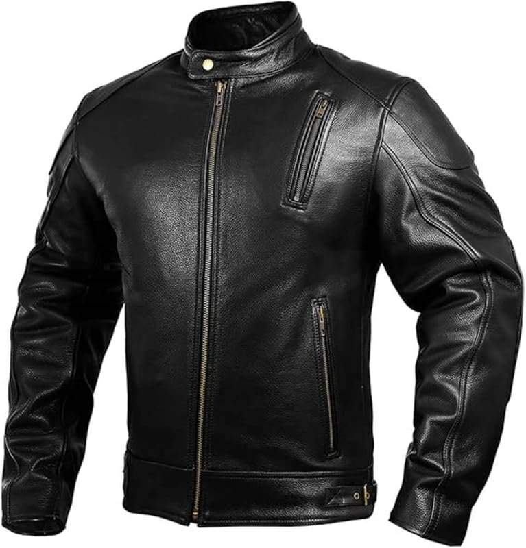 HWK Leather Cafe Racer Motorcycle Jacket with Armor, Weather Resistant