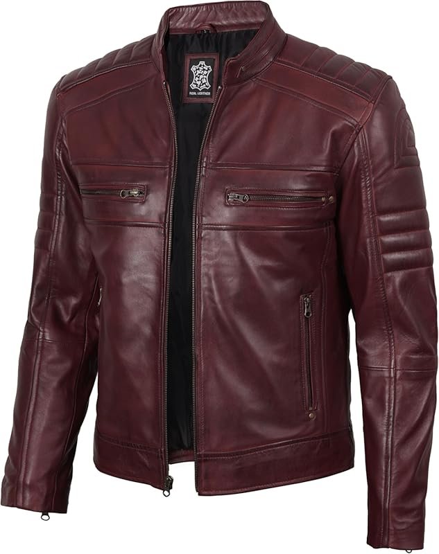 fjackets Men’s Real Lambskin Natural Grain Leather Cafe Racer Jacket, 