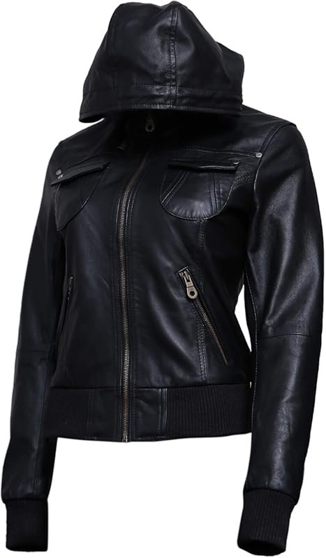 Women's Genuine Lambskin Leather Motorcycle Jacket with Removable Hood
