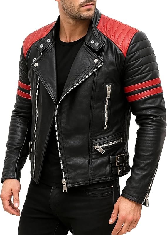 Men's Black Cafe Racer Brando Style Leather Jacket with Red Stripes - 