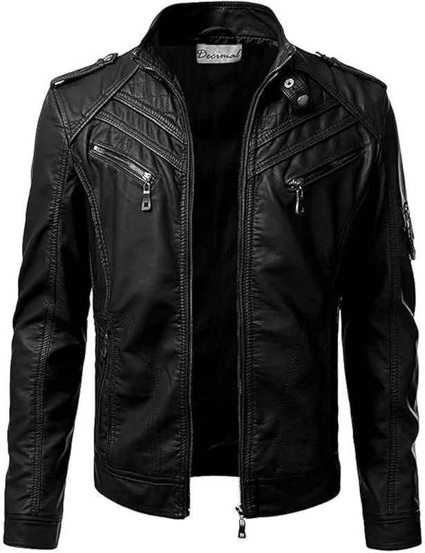 DECIMAL Men's Vintage Black Genuine Lambskin Leather Biker Jacket, Rea