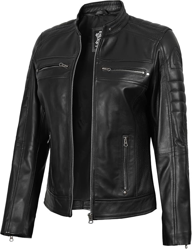 fjackets Women's Cafe Racer Lambskin Leather Jacket with Stand Collar 