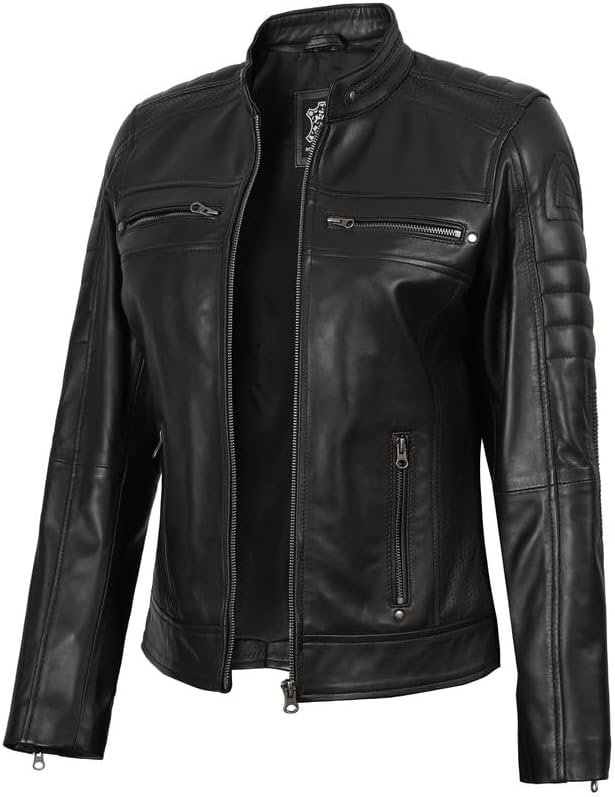 Blingsoul Women's Real Lambskin Cafe Racer Leather Jacket, Stylish and