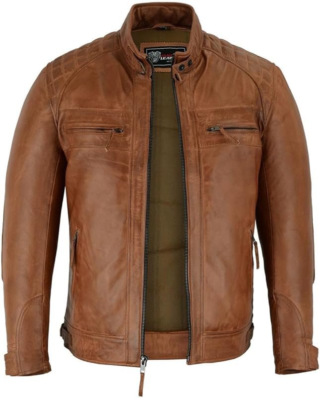 Vance Leather Men's Austin Brown Waxed Lambskin Cafe Racer Motorcycle 