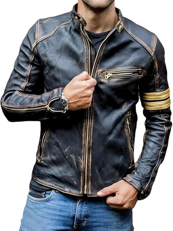 Jild Distressed Genuine Lambskin Leather Jacket for Men, Vintage Black