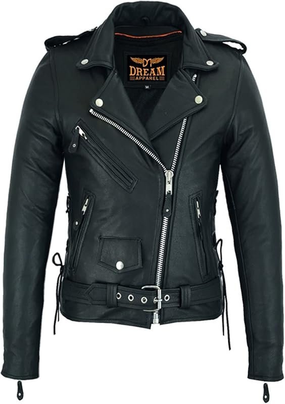 Dream Apparel Women’s Classic Black Leather Motorcycle Jacket with Zip