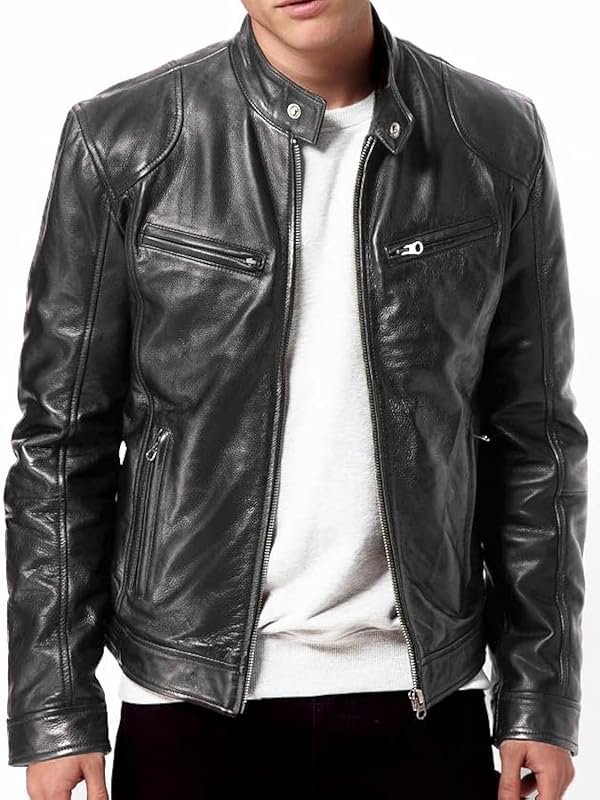 DECIMAL Men's Genuine Black Lambskin Leather Biker Jacket - Vintage Re