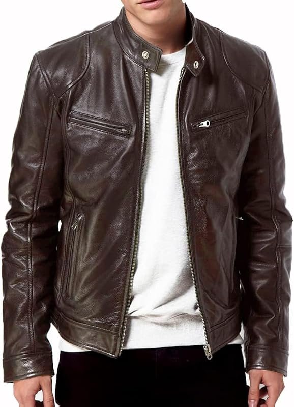 DECIMAL Men's Black Genuine Lambskin Leather Biker Jacket Vintage Brow