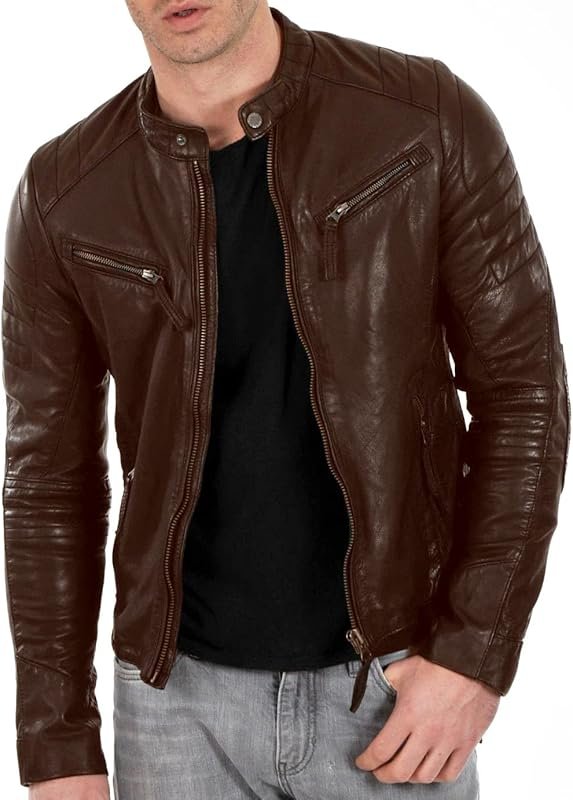 DECIMAL Men's Black & Brown Genuine Lambskin Leather Biker Jacket, Vin