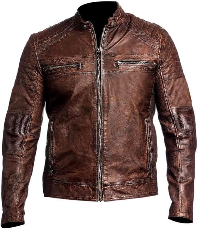DECIMAL Men's Black and Brown Genuine Lambskin Leather Vintage Motorcy