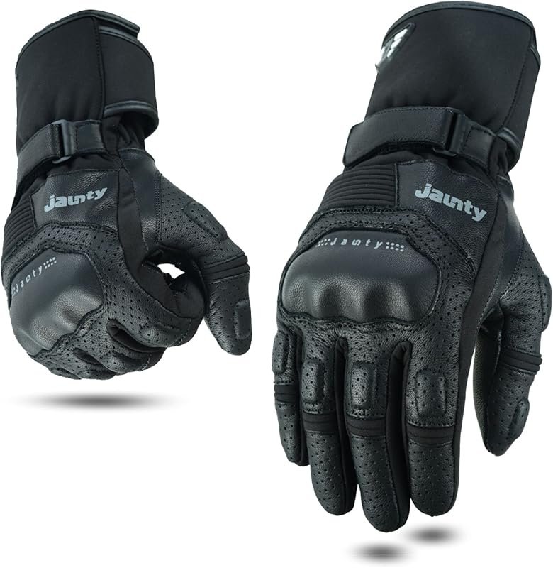 JAUNTY Black Summer Leather Motorcycle Gloves with Touchscreen, Knuckl