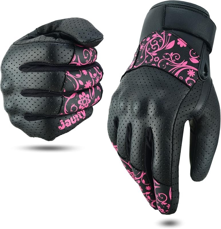 JAUNTY Women's Leather Motorcycle Gloves with Touchscreen, Hard Knuckl