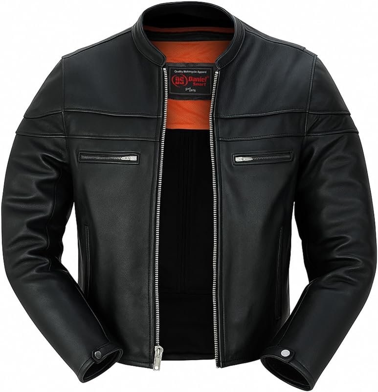 Daniel Smart Men's Black Leather Motorcycle Jacket with Mandarin Colla