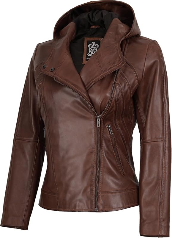 fjackets Women's Real Lambskin Stylish Hooded Leather Jacket Comfortab