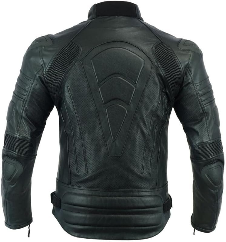 Men's Black Natural Grain Perforated Leather Motorcycle Jacket with Ar