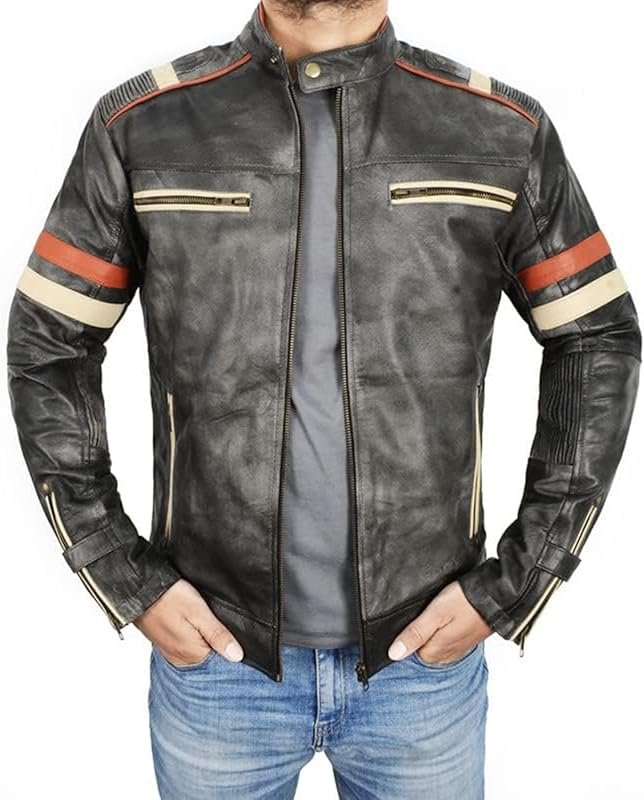 Vintage Men's Cafe Racer Leather Jacket - Retro Motorcycle Racing Styl