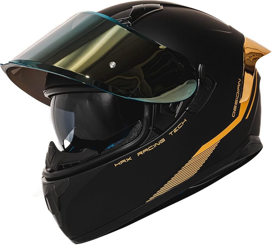 HAX Obsidian Full Face Dual Visor Motorcycle Helmet Matte Black Gold, 