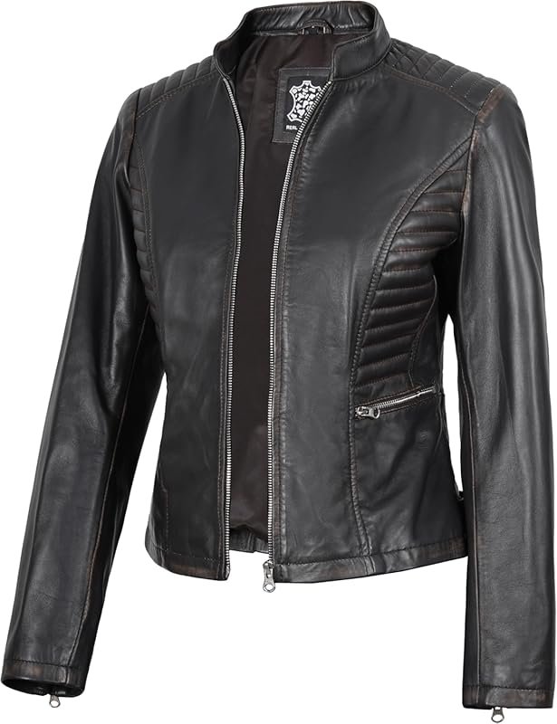 fjackets Women's Cafe Racer Style Real Lambskin Leather Jacket with St