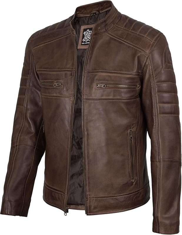 fjackets Men’s Real Lambskin Natural Grain Leather Moto Cafe Racer Jac