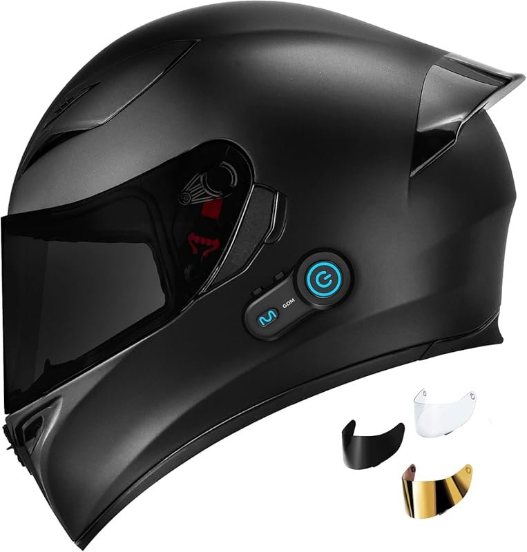 Matte Black Bluetooth Motorcycle Helmet with Clear Visor and Noise Red