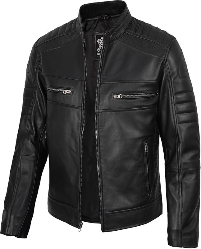 fjackets Men’s Cafe Racer Real Lambskin Natural Grain Leather Moto Sty