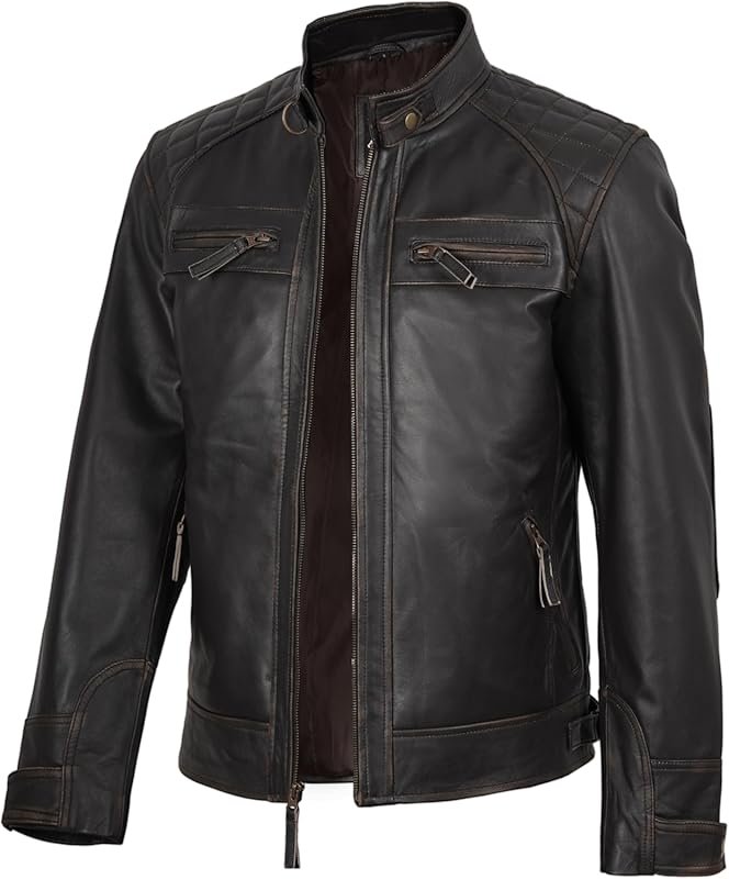 fjackets Real Lambskin Men’s Quilted Cafe Racer Zip-Up Moto Style Leat