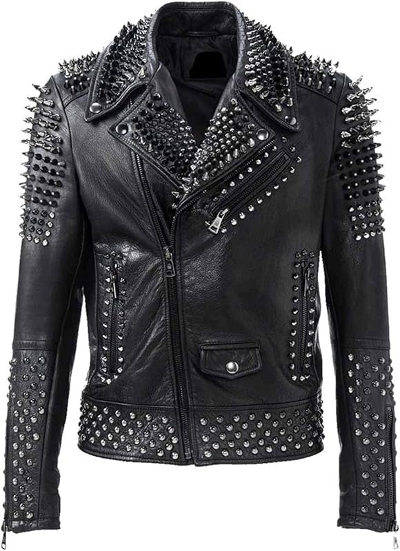 Studded Men's Black Brando Leather Jacket with Spikes, Rock Punk Style