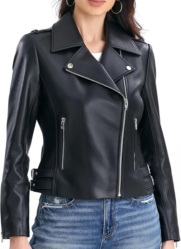 SILVER FASHIONS Women's Lambskin Leather Motorcycle Jacket with Asymme