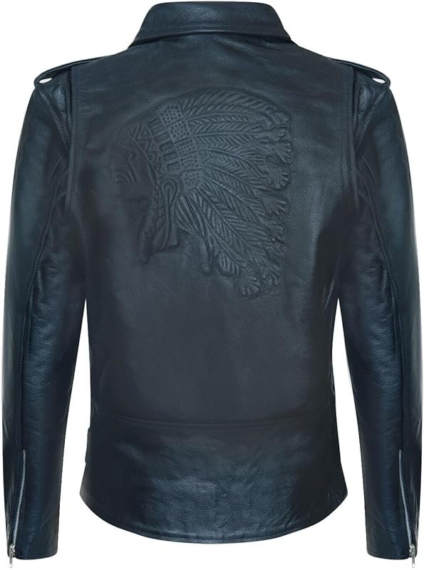 Men's Brando Biker Vintage Embossed Leather Jacket with Classic Motorc