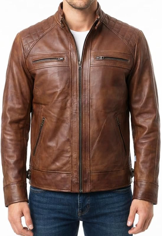 Men's Black Genuine Lambskin Vintage Leather Motorcycle Biker Jacket i