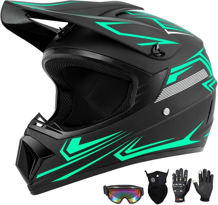 Youth Kids Dirt Bike Helmet Set with Goggles, Gloves & Face Mask, DOT 
