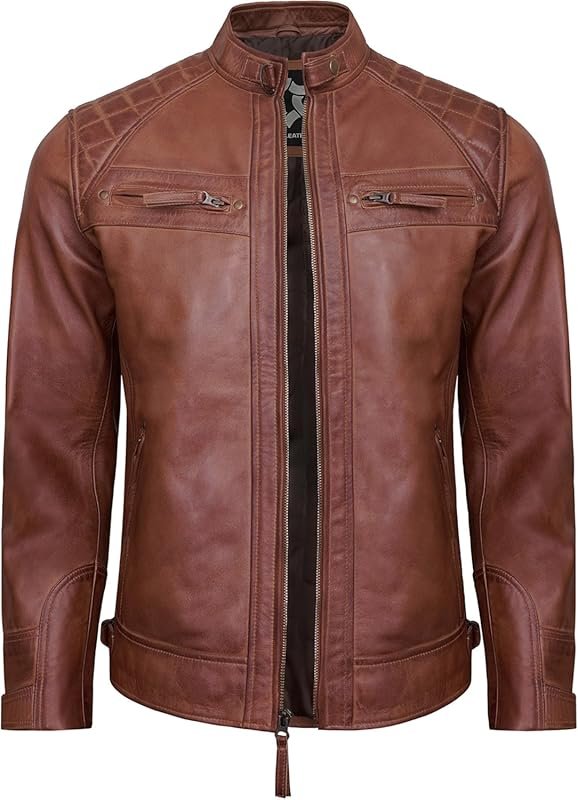 Quilted Cafe Racer Style Men's Real Lambskin Leather Motorcycle Jacket