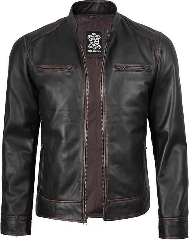 Decrum Men's Real Lambskin Leather Cafe Racer Jacket, Sleek Design for