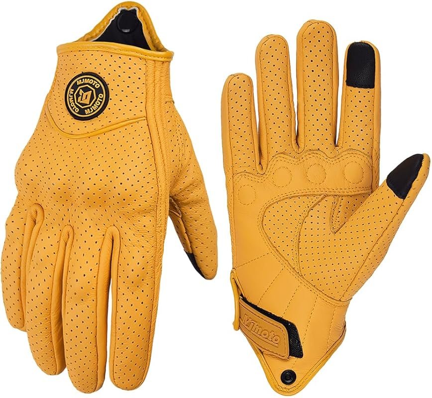 Yellow Classic Goat Leather Summer Motorcycle Gloves with Breathable H