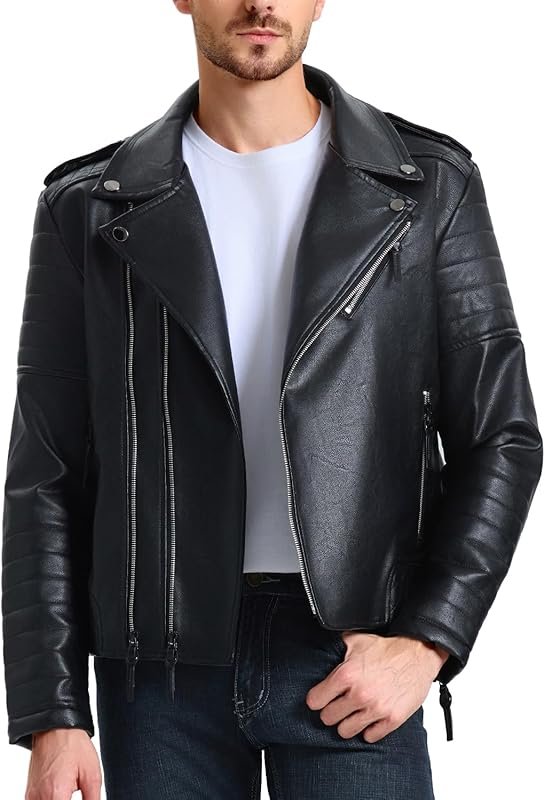 WULFUL Men's Slim Fit Faux Leather Bomber Jacket with Asymmetric Zip a
