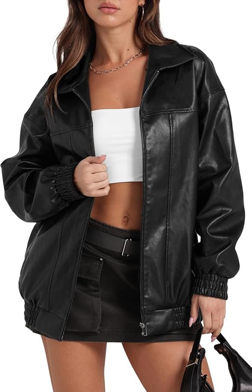 Sampeel Faux Leather Oversized Motorcycle Bomber Jacket for Women, Fal