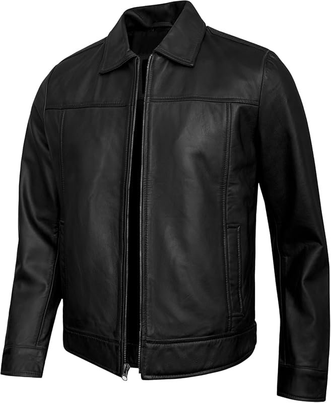 Vintage Men's Real Lambskin Leather Jacket with Classic Turn Down Coll