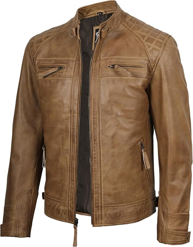 Decrum Men's Real Lambskin Leather Cafe Racer Jacket, Classic Fit Moto
